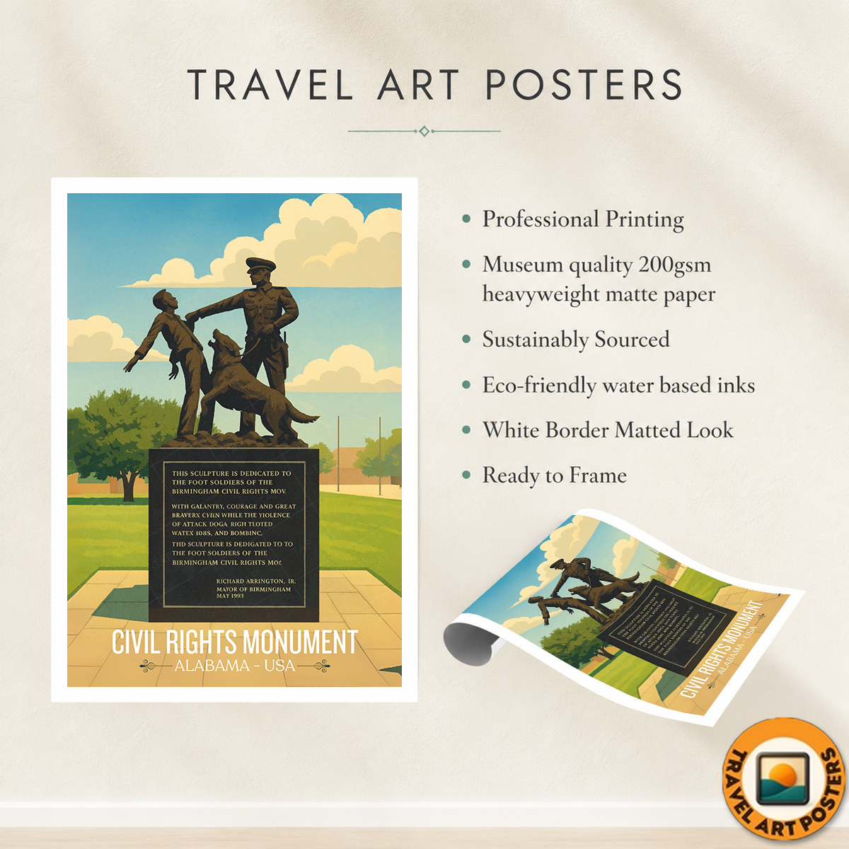 Civil Rights Monument - Alabama USA - Travel Wall Art Deco Poster Print