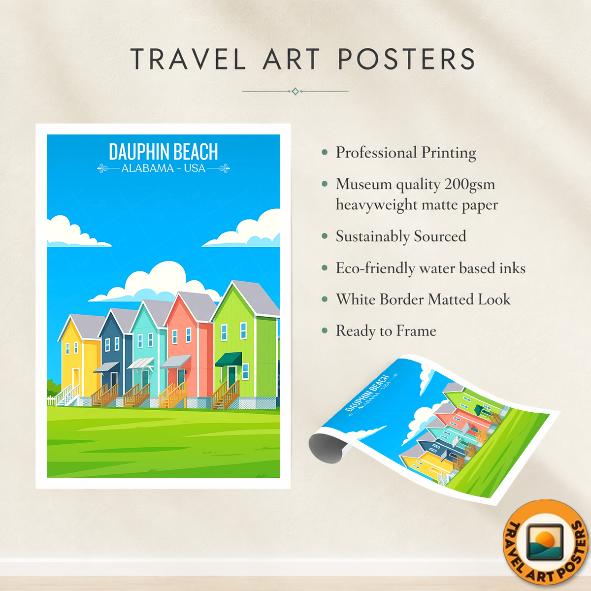 Dauphin Beach - Alabama USA - Travel Wall Art Deco Poster Print