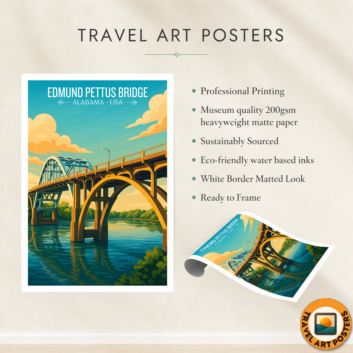 Edmund Pettus Bridge - Alabama USA - Travel Wall Art Deco Poster Print