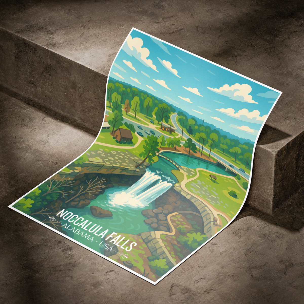 Noccalula Falls - Alabama USA - Travel Wall Art Deco Poster Print