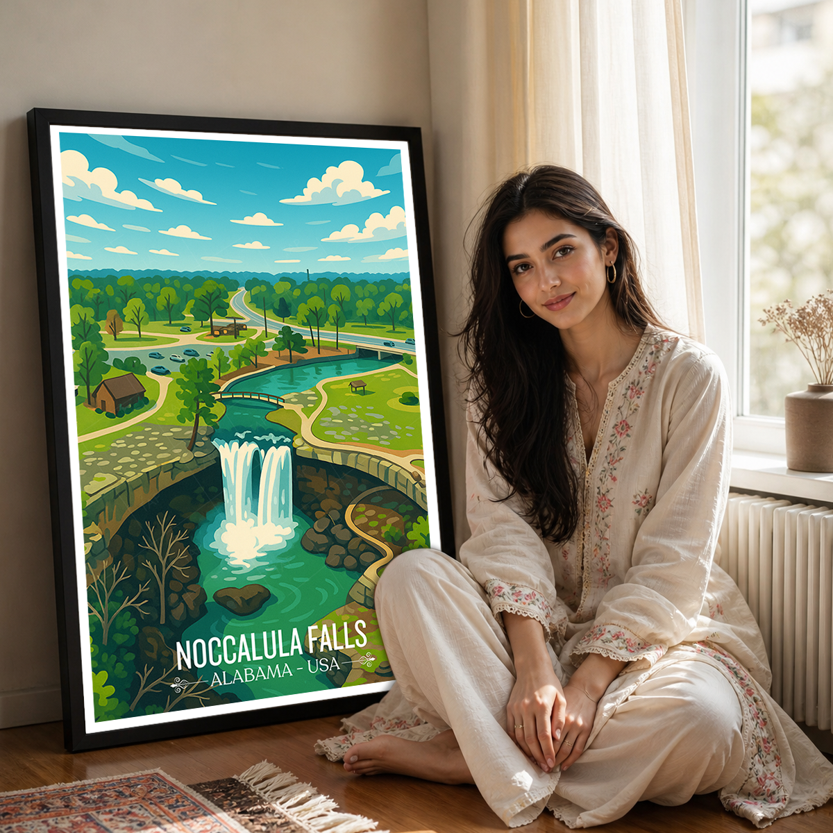 Noccalula Falls - Alabama USA - Travel Wall Art Deco Poster Print