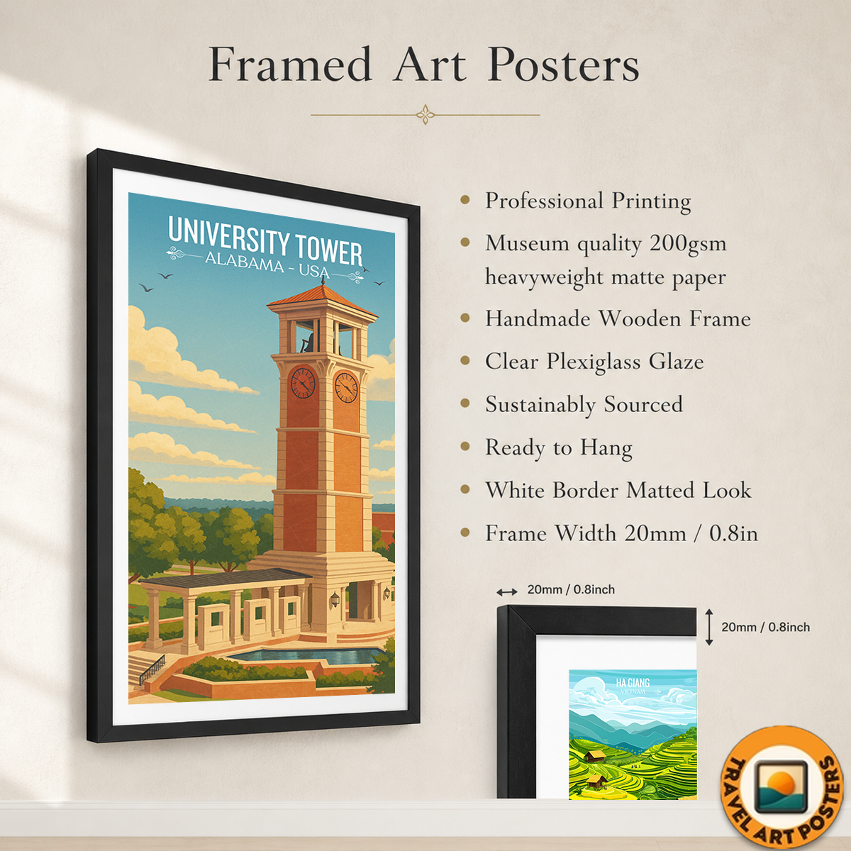 University Tower - Alabama USA - Travel Wall Art Deco Poster Print