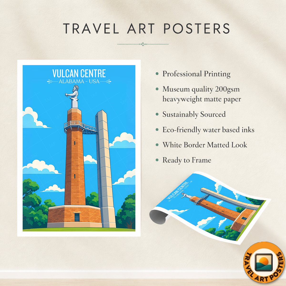 Vulcan Centre - Alabama USA - Travel Wall Art Deco Poster Print