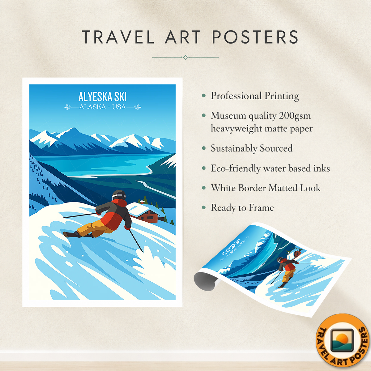 Alyeska Ski - Alaska - Travel Poster Print Modern Style Wall Art
