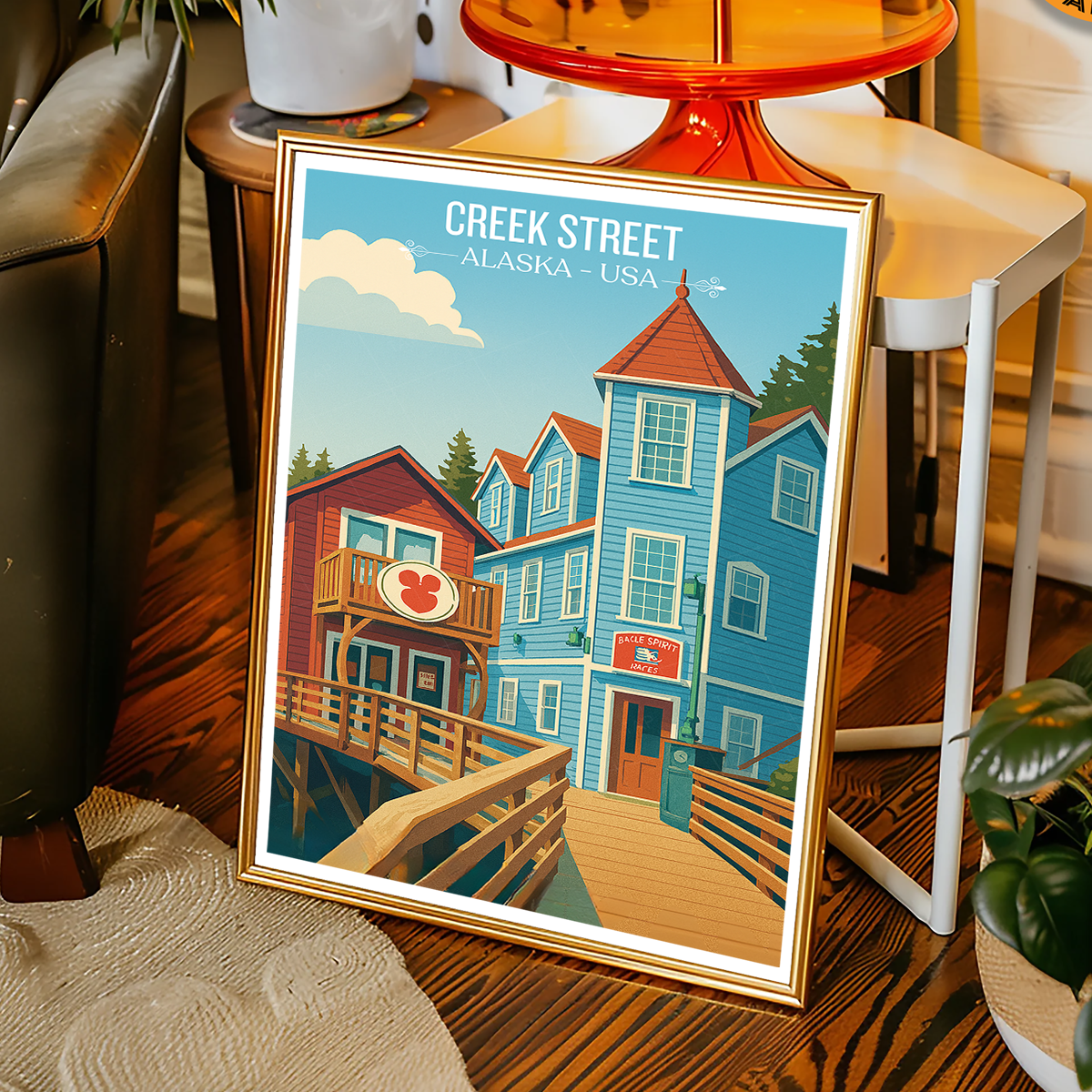 Creek Street - Alaska - Travel Poster Print Modern Style Wall Art