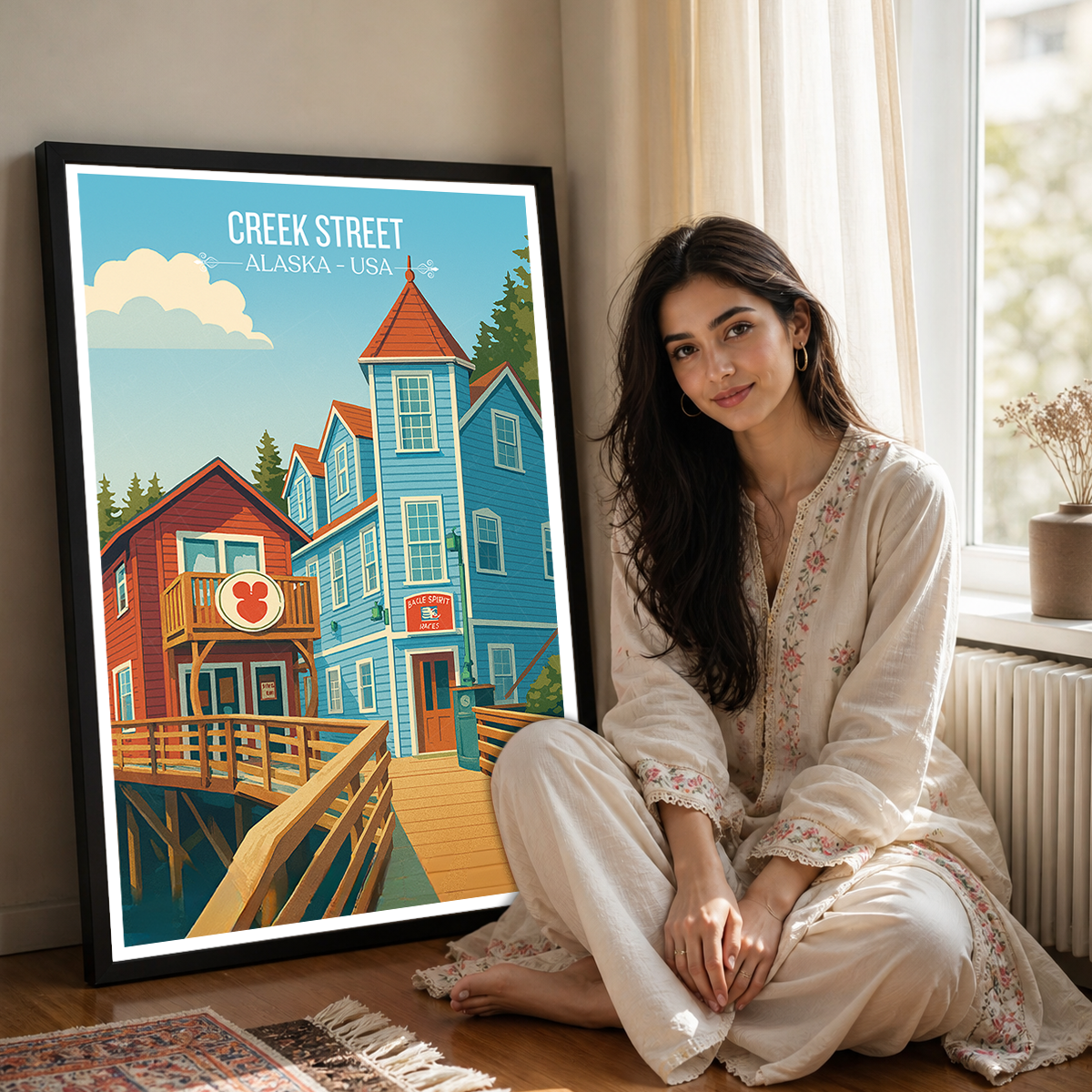 Creek Street - Alaska - Travel Poster Print Modern Style Wall Art