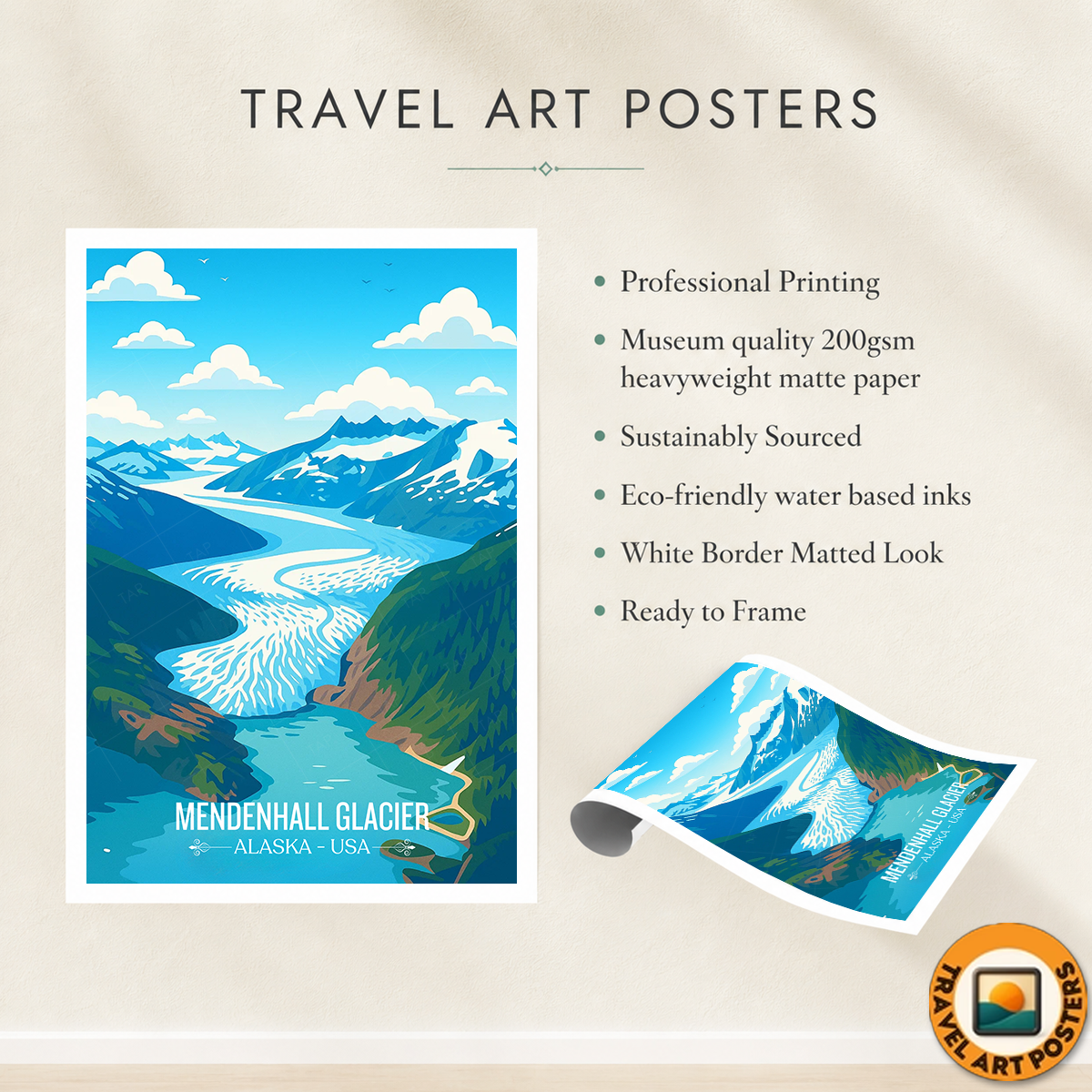 Mendenhall Glacier - Alaska - Travel Poster Print Modern Style Wall Art