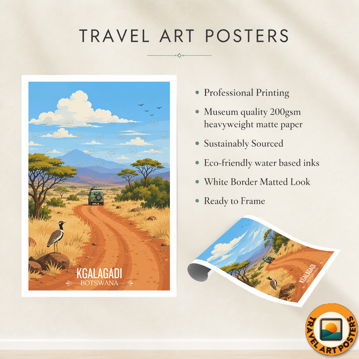 Kgalagadi - Botswana - Travel Wall Art Deco Poster Print - Travel Art Poster Print
