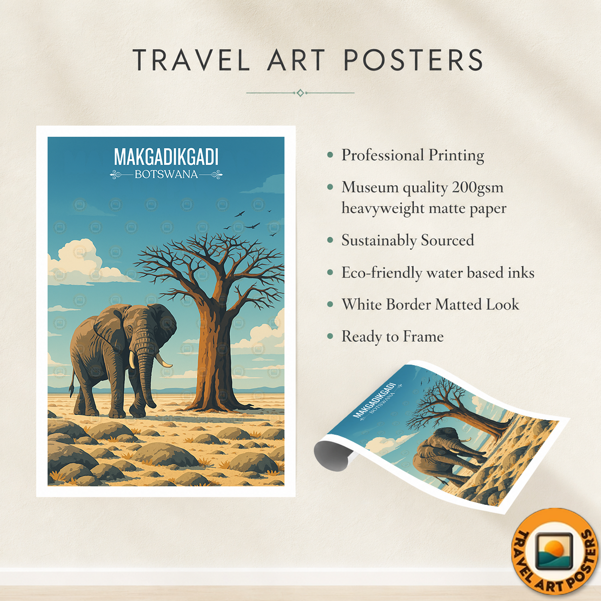 Makgadikgadi - Botswana - Travel Wall Art Deco Poster Print - Travel Art Poster Print