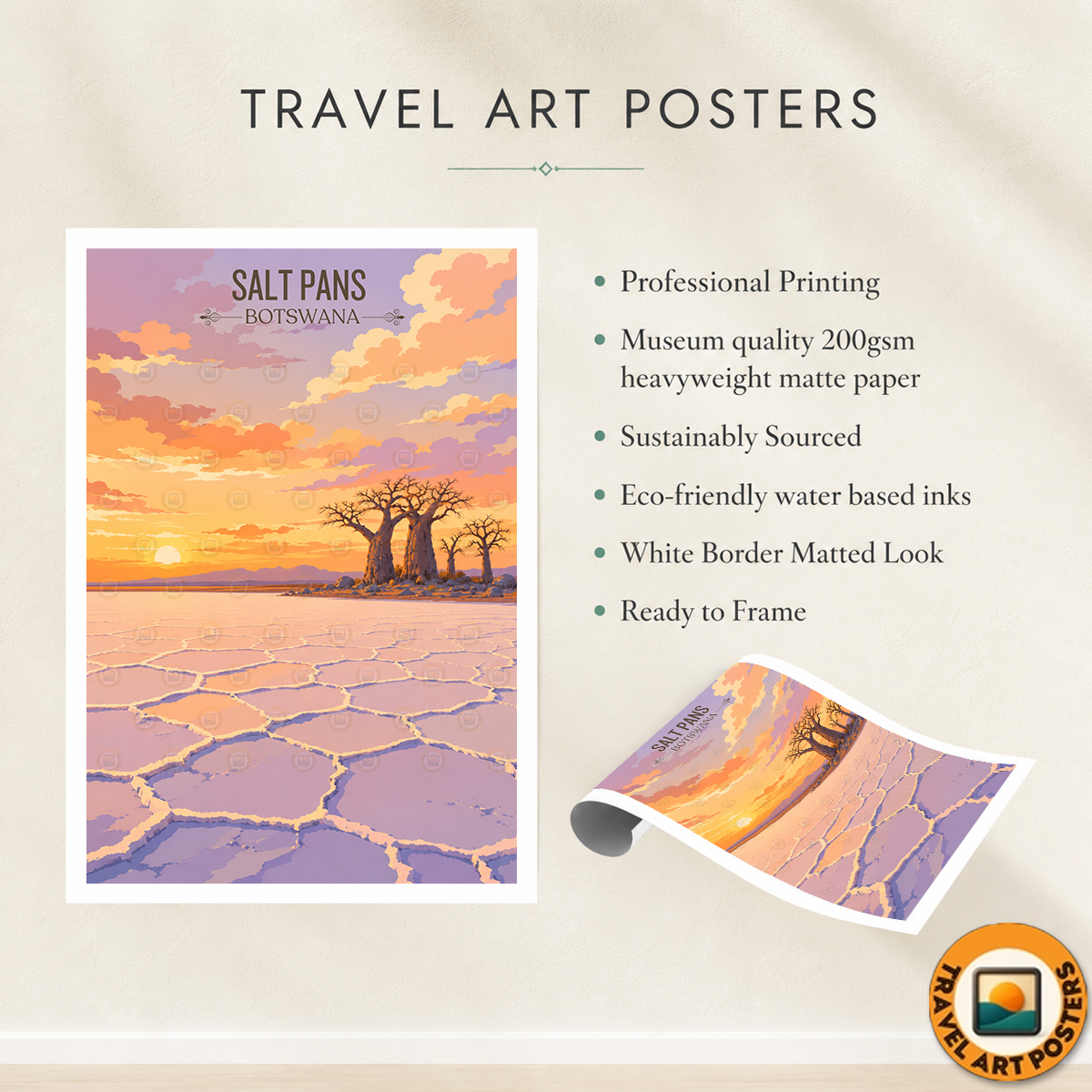 Salt Pans - Botswana - Travel Wall Art Deco Poster Print - Travel Art Poster Print