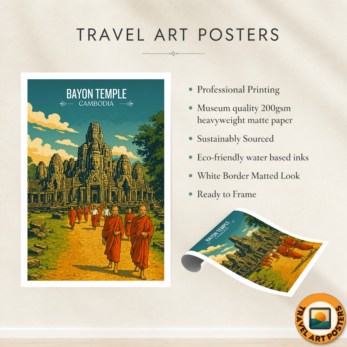 Bayon Temple - Cambodia - Travel Wall Art Print - Art Print - Travel Art Poster