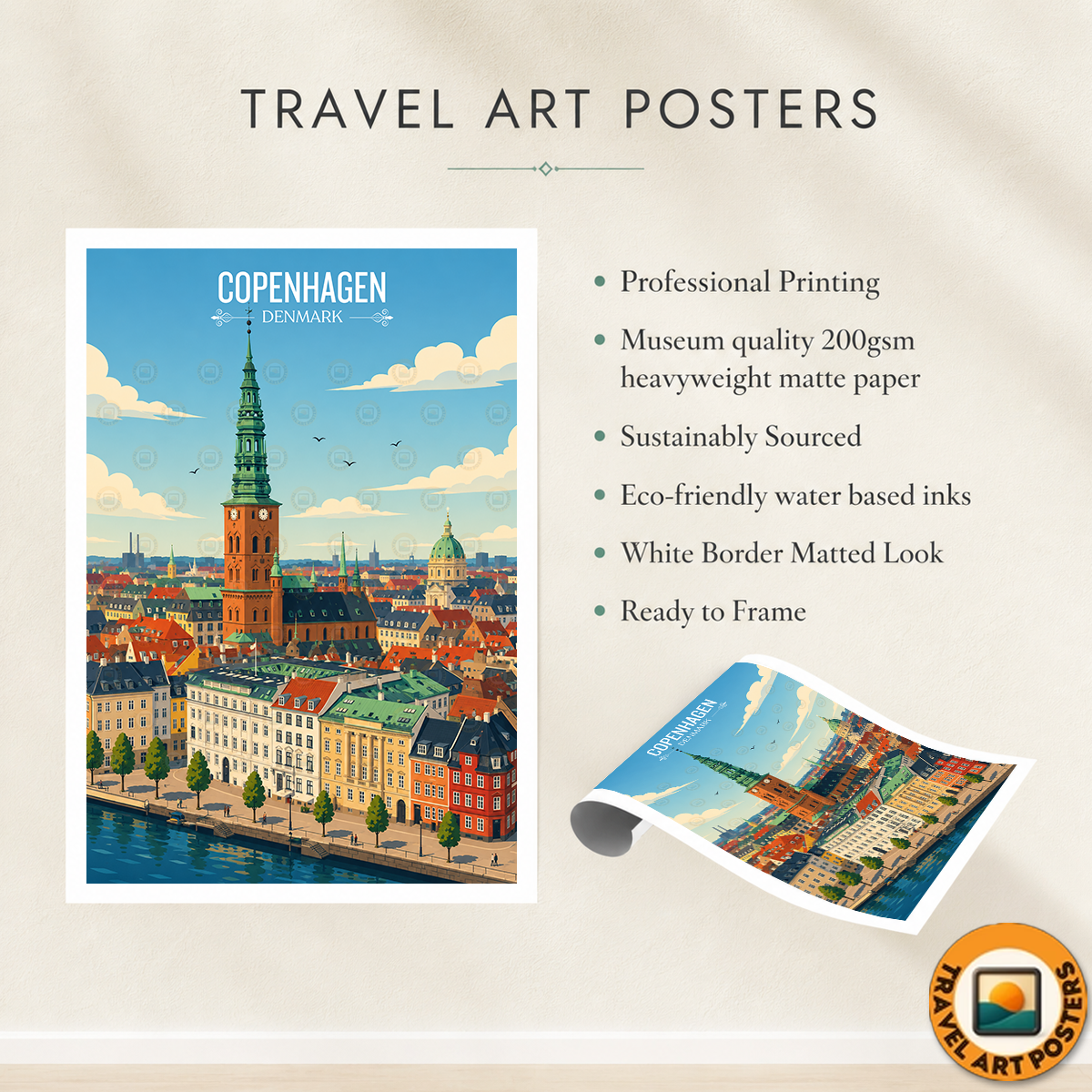Copenhagen - Denmark - Travel Poster Vintage Style Wall Art Print