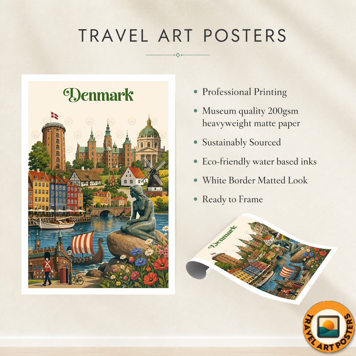 Denmark - Travel Poster Vintage Style Wall Art Print