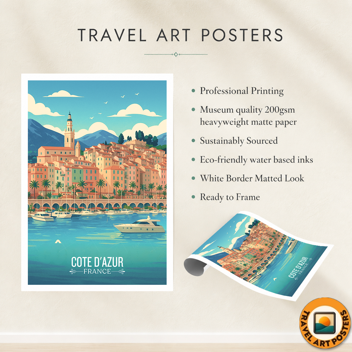 Cote Dazur - France - Travel Art Wall Deco Poster - Art Print - Travel Art Poster