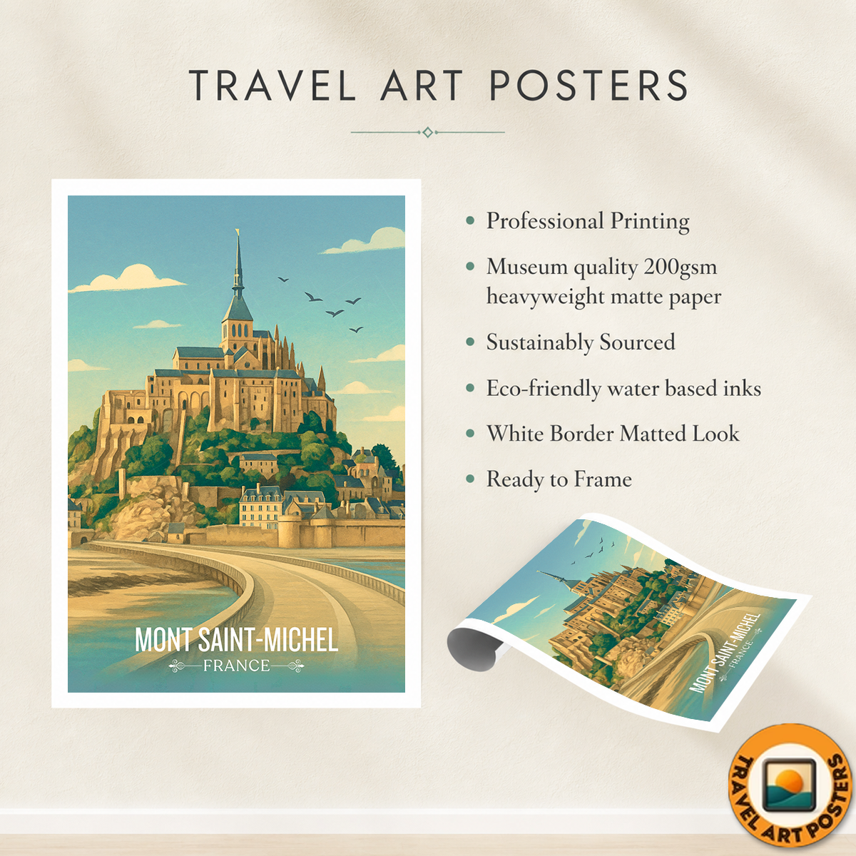 Mont Tombe - France - Travel Art Wall Deco Poster - Art Print - Travel Art Poster