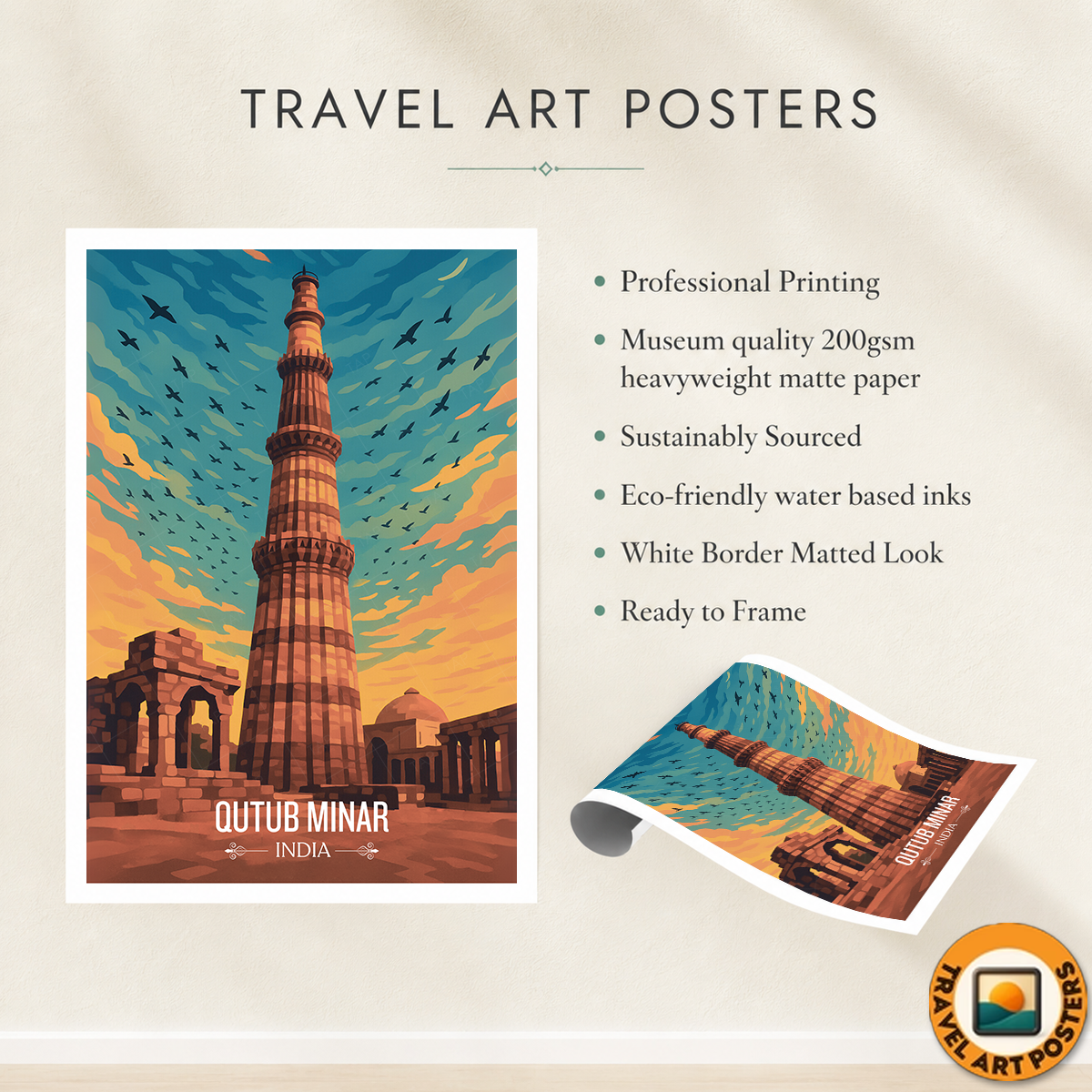 Dhruva Stambh The Victory Tower Kutb Minar - Delhi - India - Travel Wall Art Print Poster - Art Print - Travel Art Poster