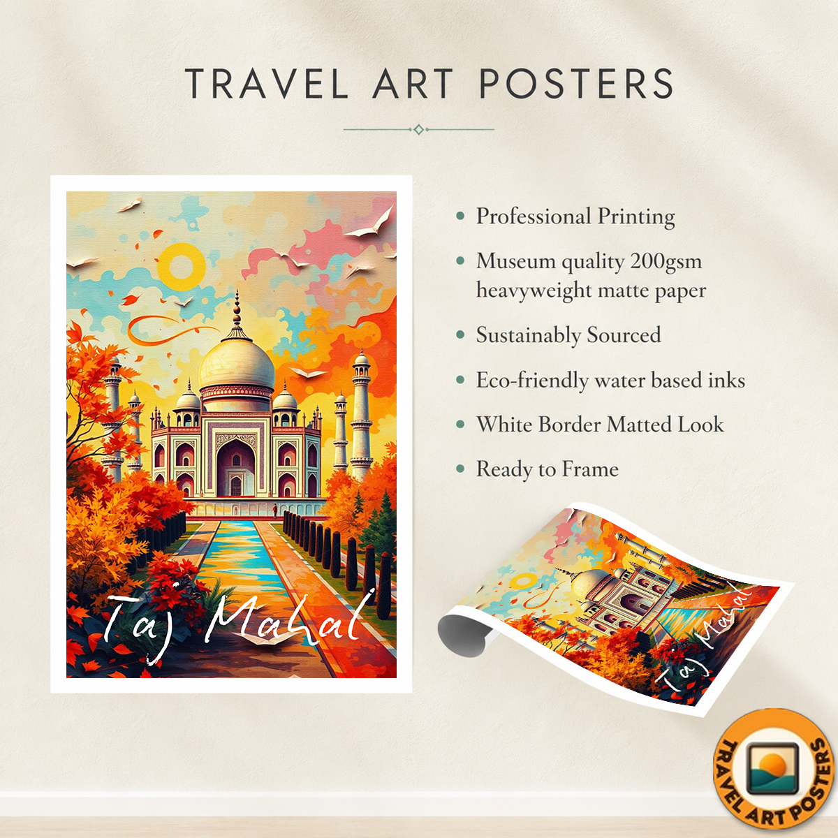 Taj Mahal Vibrant Colours - Agra - India - Travel Wall Art Print Poster - Art Print - Travel Art Poster