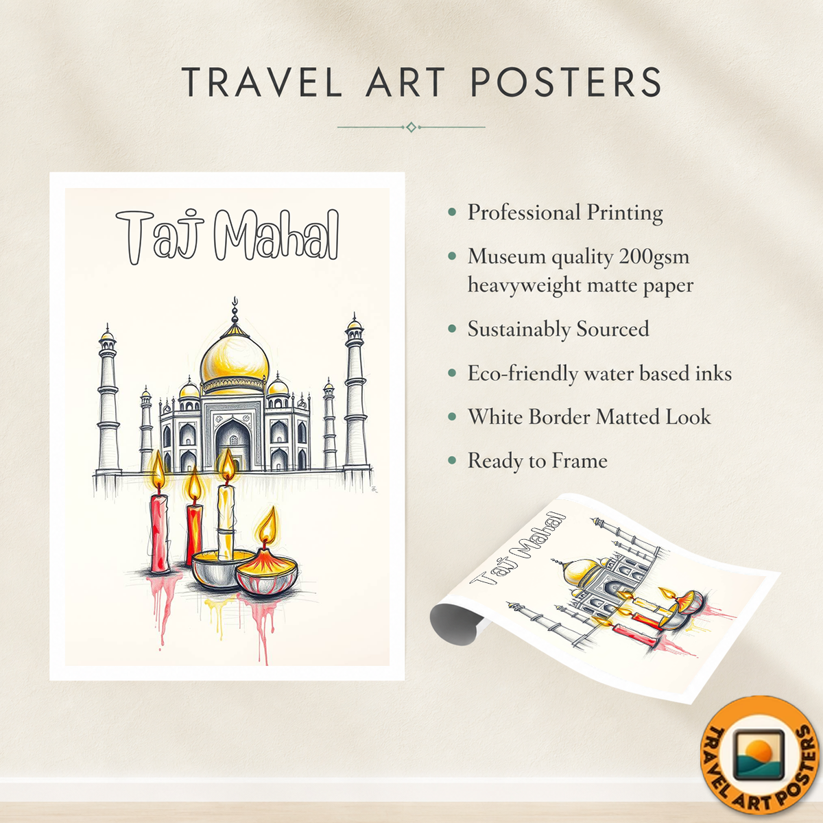 Taj Mahal with Candles - Agra - India - Travel Wall Art Print Poster - Art Print - Travel Art Poster