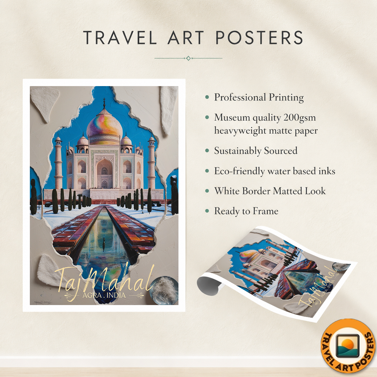 Taj Mahal - Agra - India - Travel Wall Art Print Poster - Art Print - Travel Art Poster