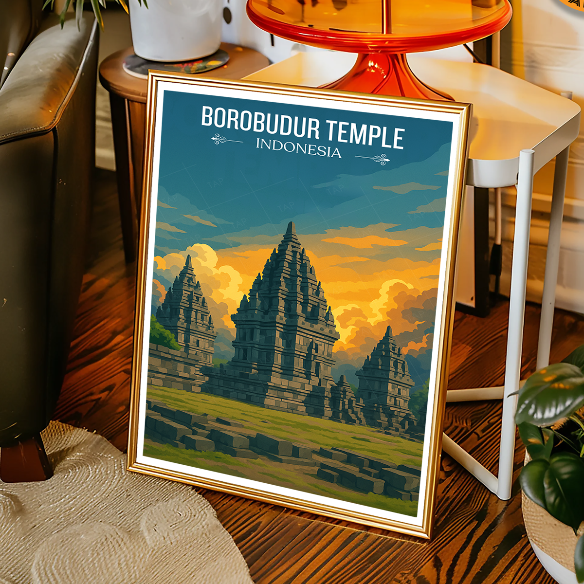 Borobudur Temples - Indonesia - Travel Art Wall Deco Poster - Art Print - Travel Art Poster