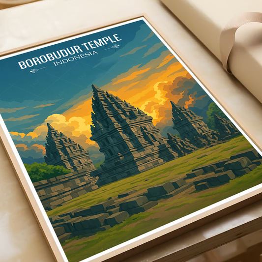 Borobudur Temples - Indonesia - Travel Art Wall Deco Poster - Art Print - Travel Art Poster