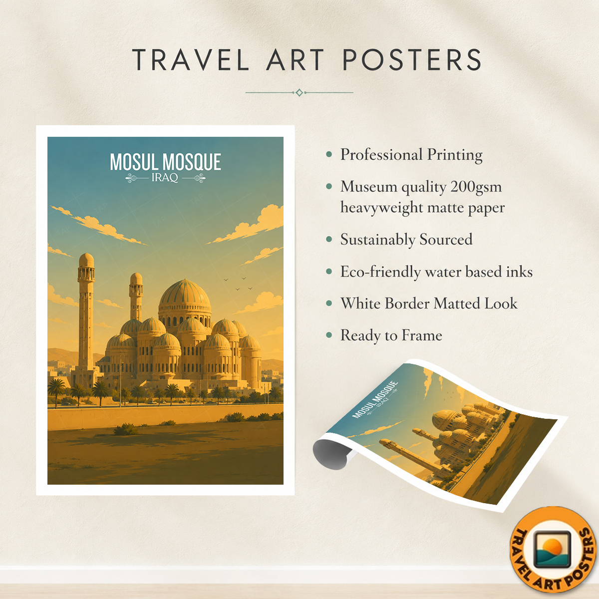 Mosul Mosque - Iraq - Travel Art Wall Deco Poster - Art Print - Travel Art Poster