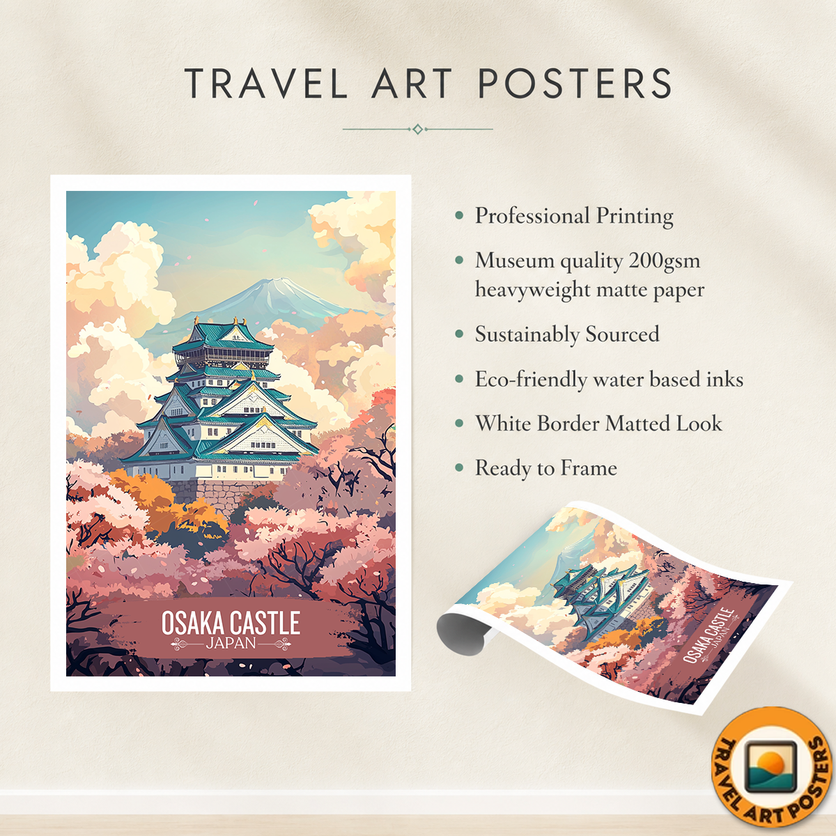 Osaka Castle Sakura - Japan - Travel Art Wall Deco Poster - Art Print - Travel Art Poster