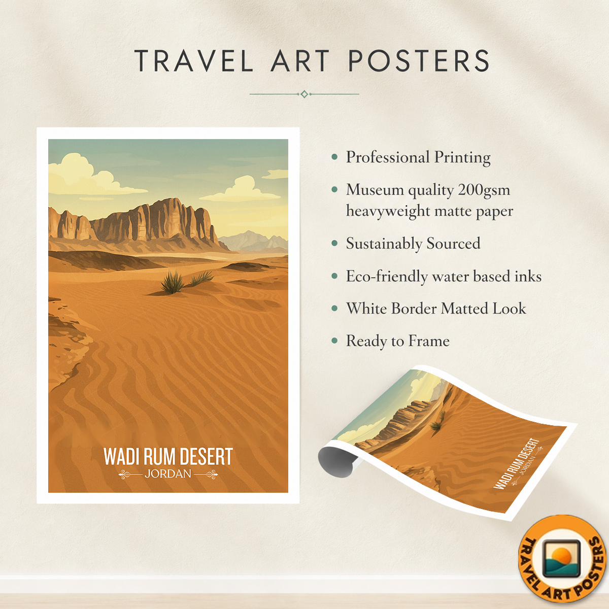Wadi Rum Desert - Jordan - Travel Art Wall Deco Poster - Art Print - Travel Art Poster
