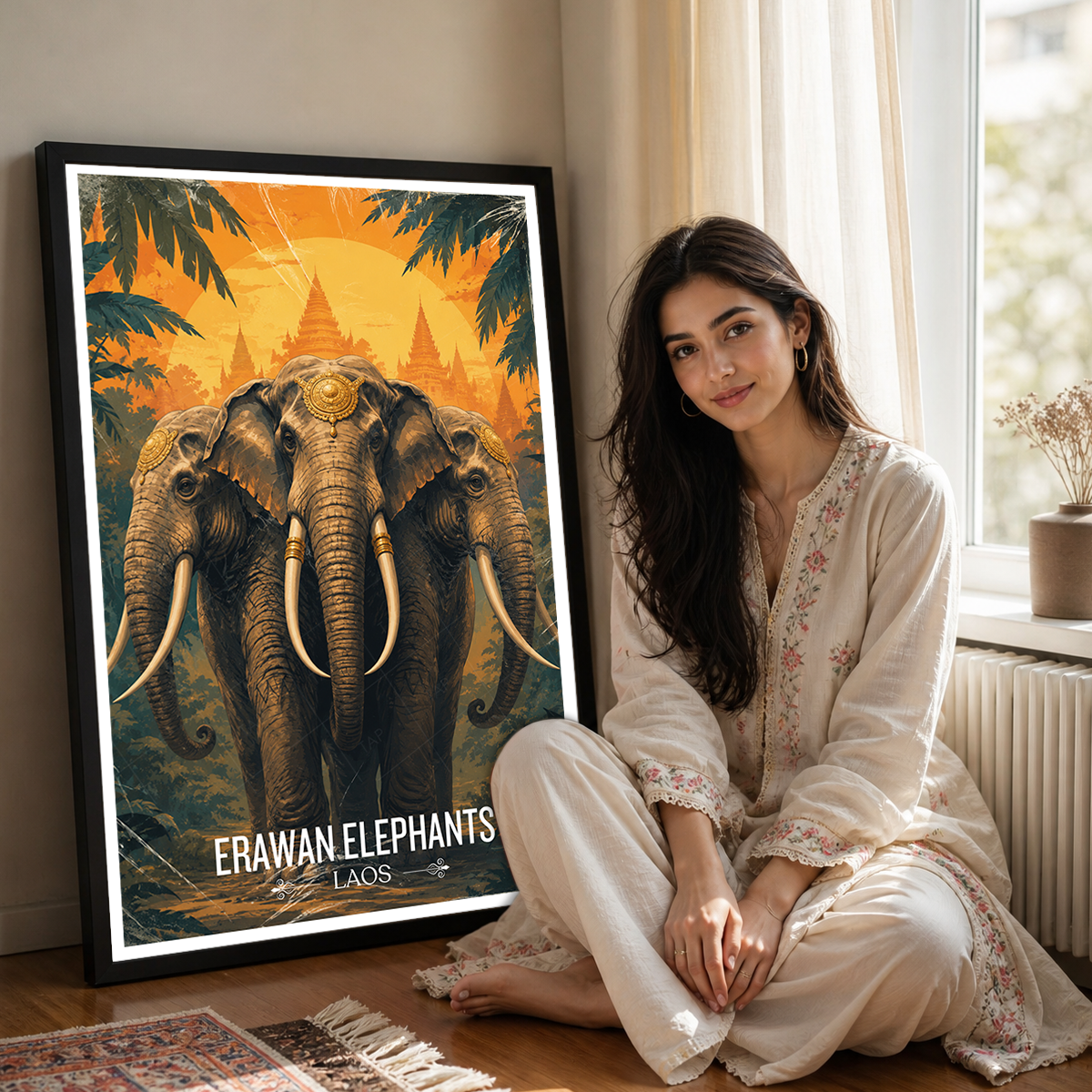 Erawan Elephants - Laos - Travel Art Wall Decor Poster Print - Art Print - Travel Art Poster