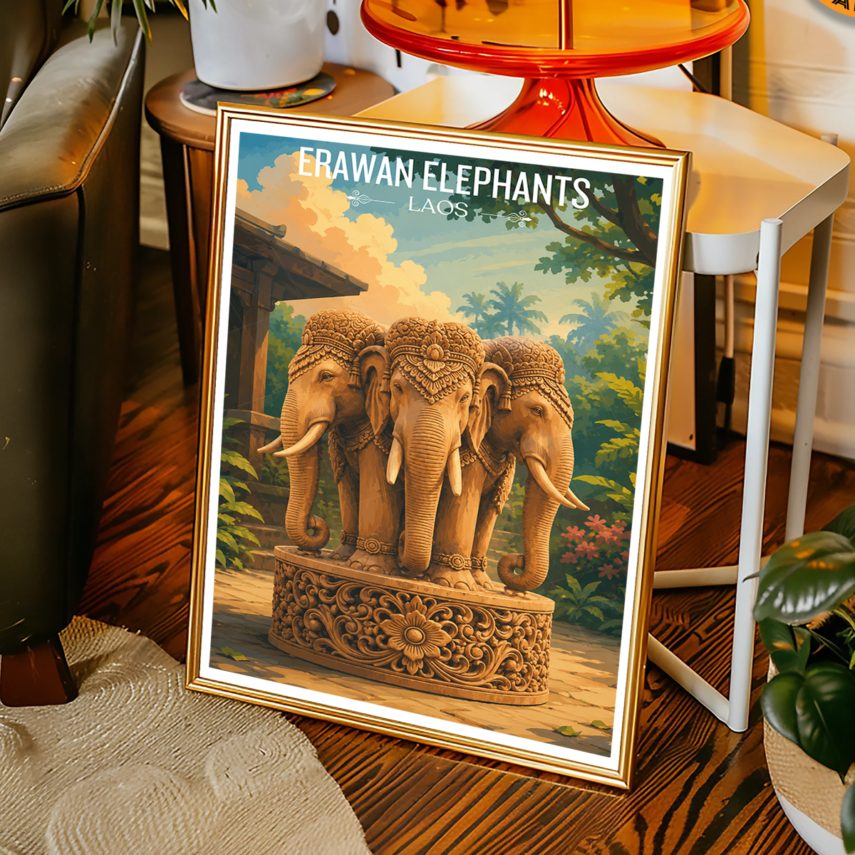 Erawan Triple Elephants - Laos - Travel Art Wall Decor Poster Print - Art Print - Travel Art Poster