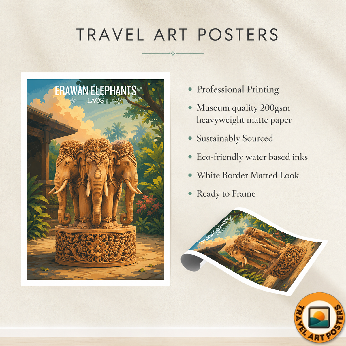 Erawan Triple Elephants - Laos - Travel Art Wall Decor Poster Print - Art Print - Travel Art Poster