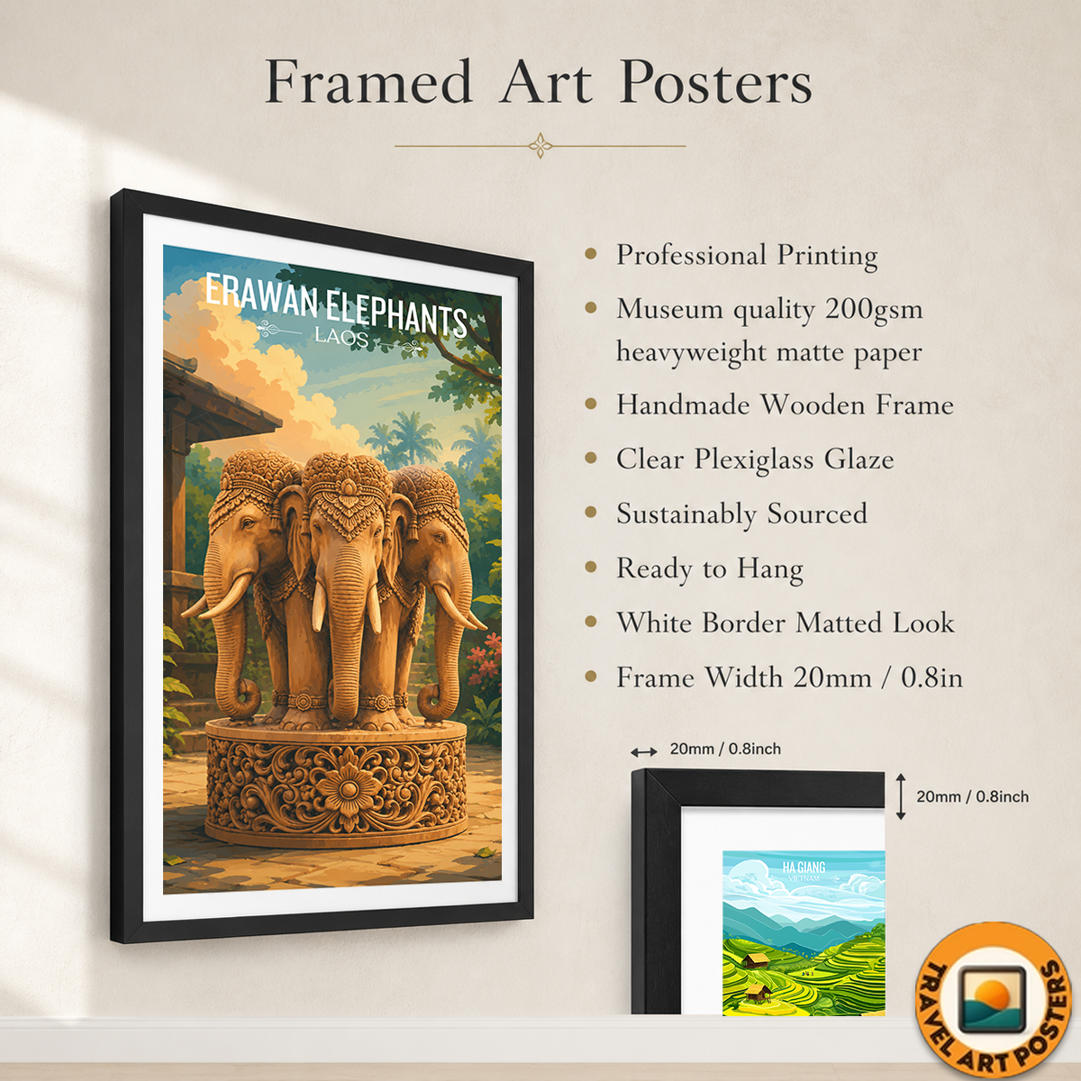 Erawan Triple Elephants - Laos - Travel Art Wall Decor Poster Print - Art Print - Travel Art Poster