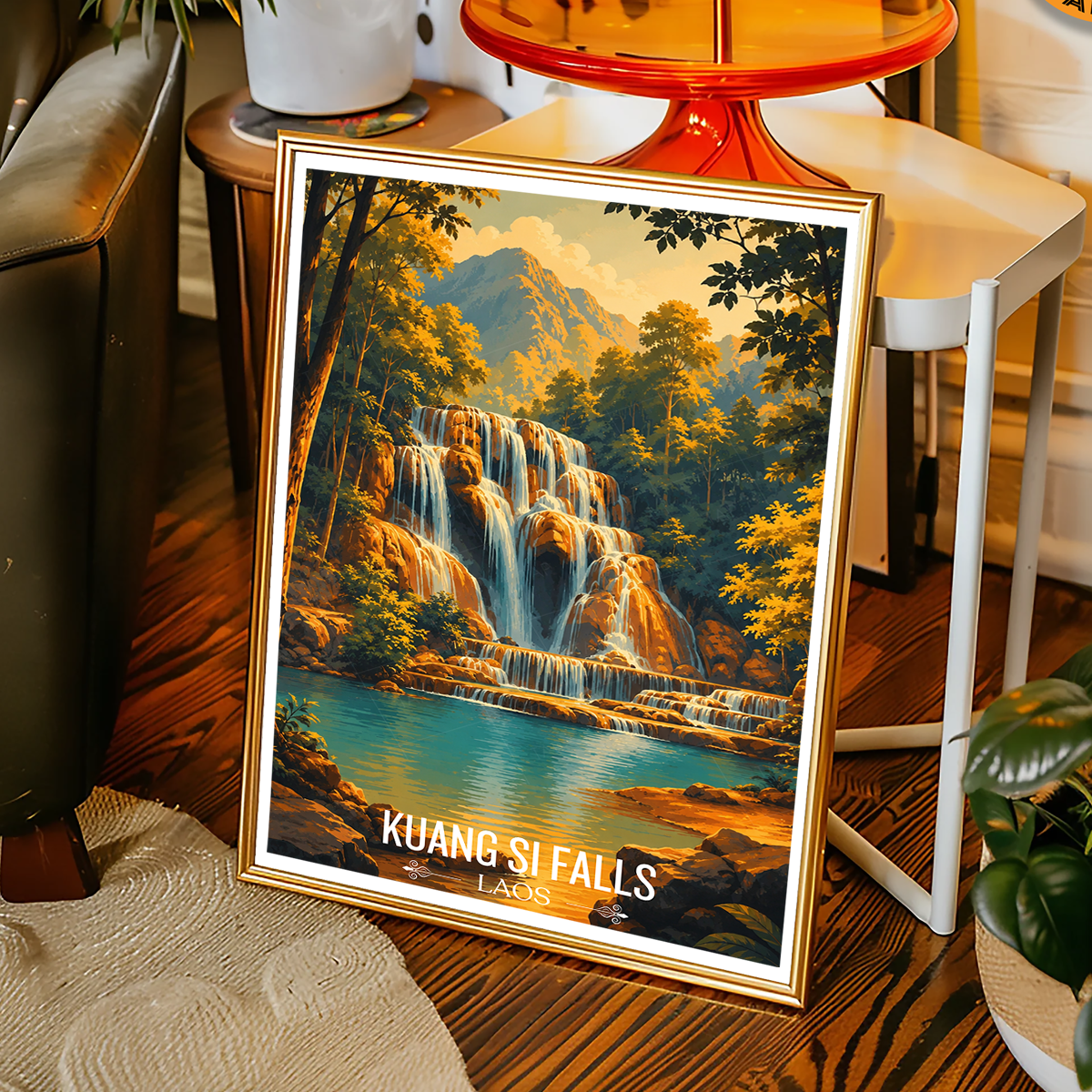 Kuang Si Falls - Laos - Travel Art Wall Decor Poster Print - Art Print - Travel Art Poster