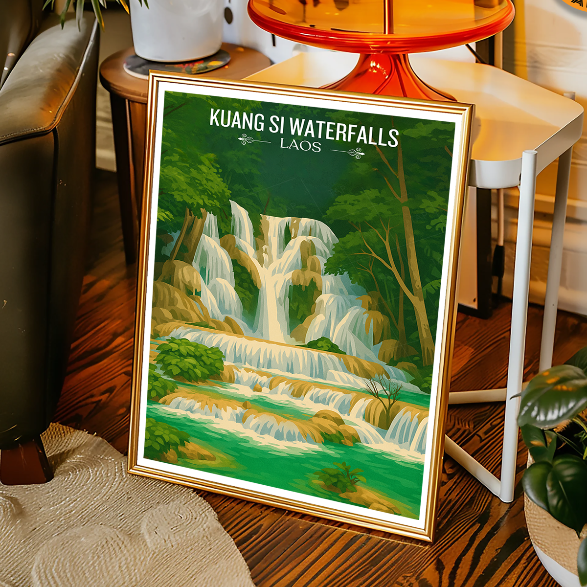 Kuang Si Waterfalls - Laos - Travel Art Wall Decor Poster Print - Art Print - Travel Art Poster
