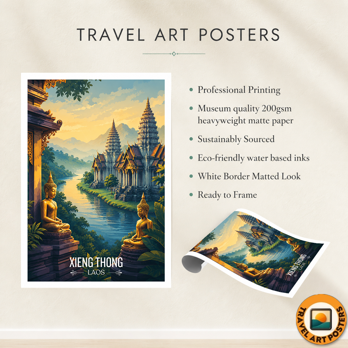 Xieng Thong - Laos - Travel Art Wall Decor Poster Print - Art Print - Travel Art Poster