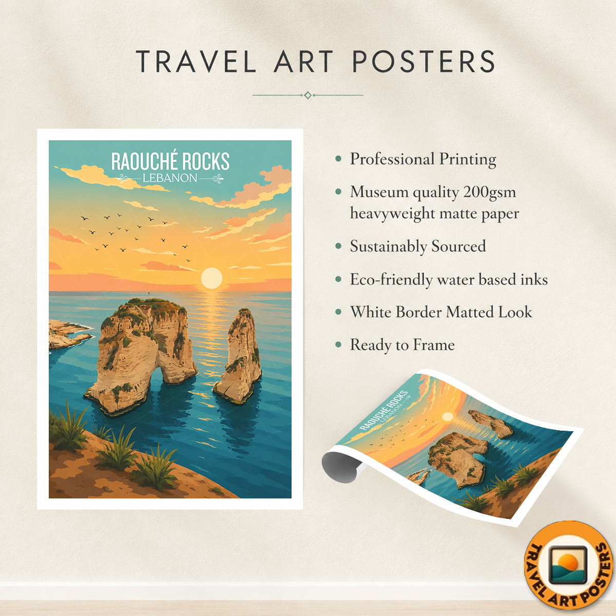Raouche Rocks - Lebanon - Travel Art Wall Deco Poster Print - Art Print - Travel Art Poster