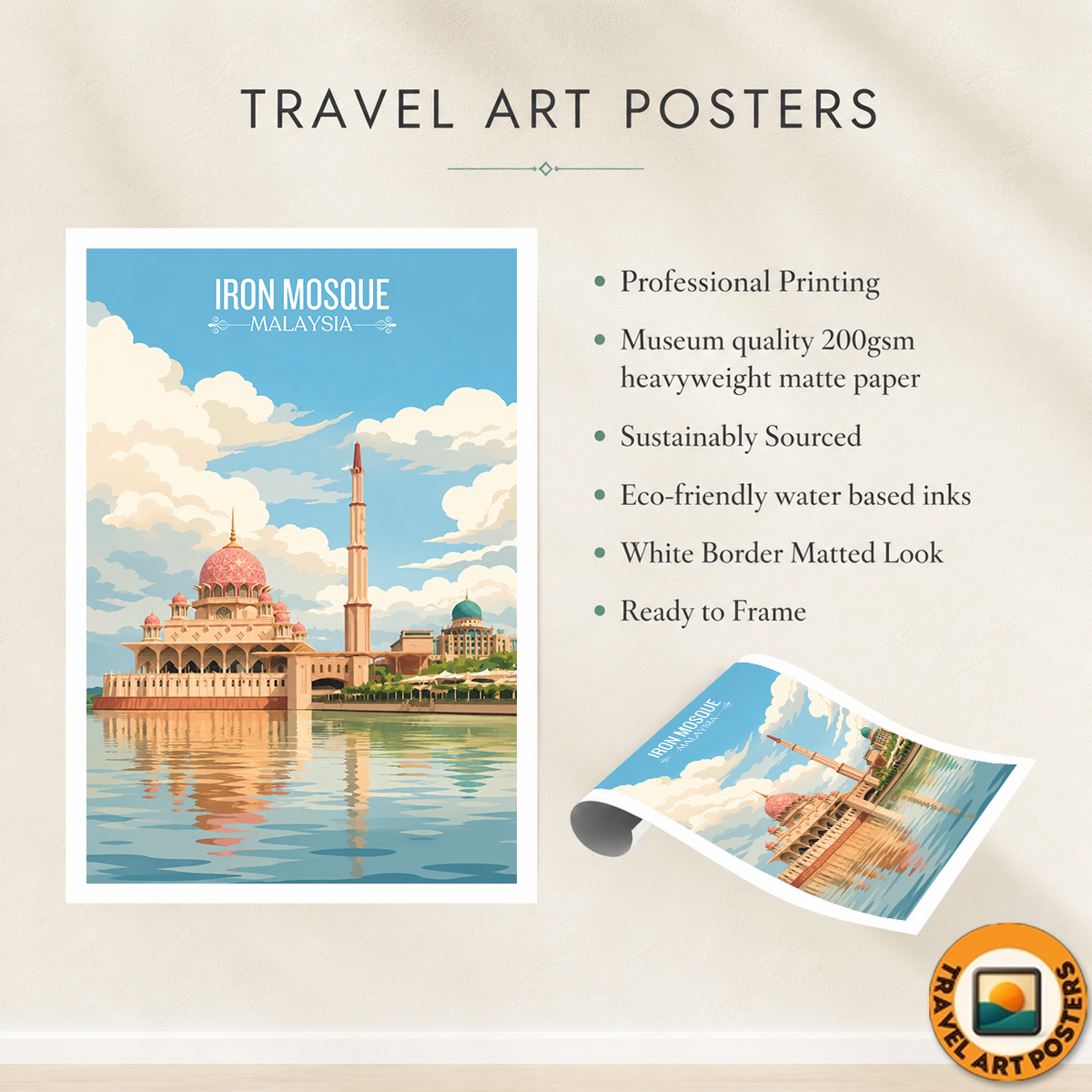 Iron Mosque - Malaysia - Travel Wall Art Deco Poster Print