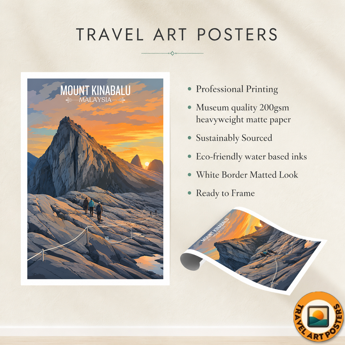 Mount Kinabalu - Malaysia - Travel Wall Art Deco Poster Print - Art Print - Travel Art Poster