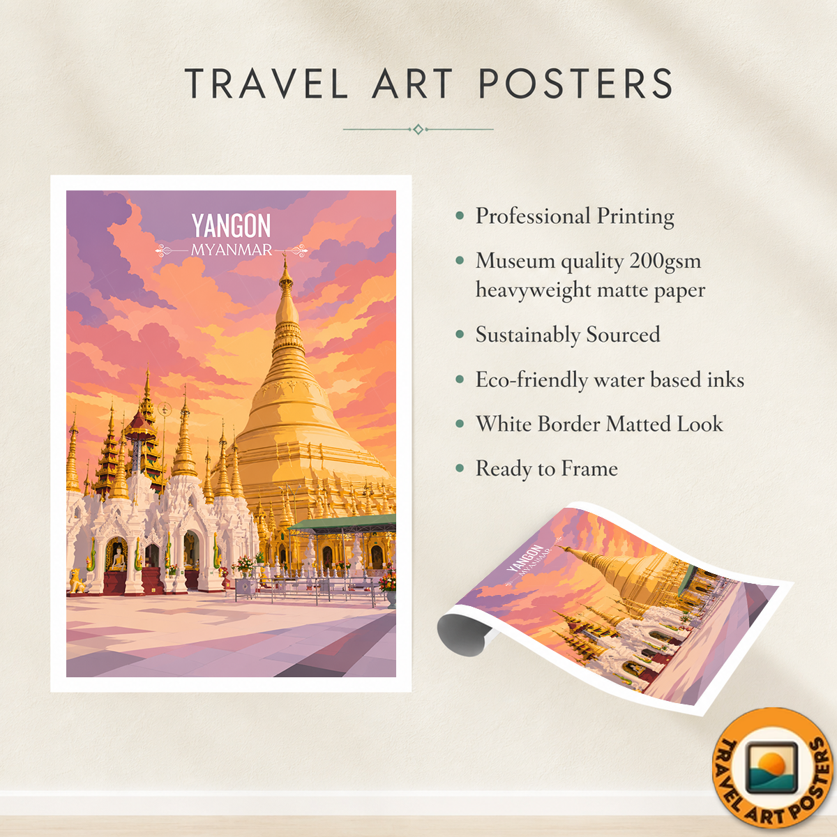 Yangon - Myanmar - Travel Wall Art Deco Poster Print - Art Print - Travel Art Poster