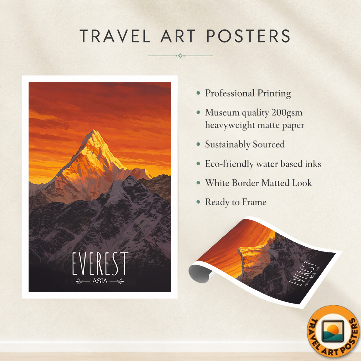 Everest - Nepal - Travel Wall Art Deco Poster Print