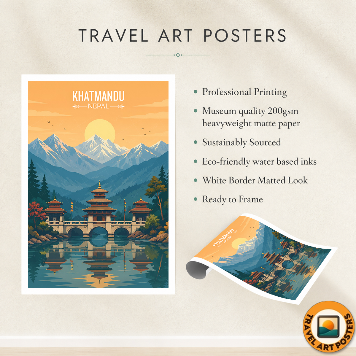 Khatmandu - Nepal - Travel Wall Art Deco Poster Print