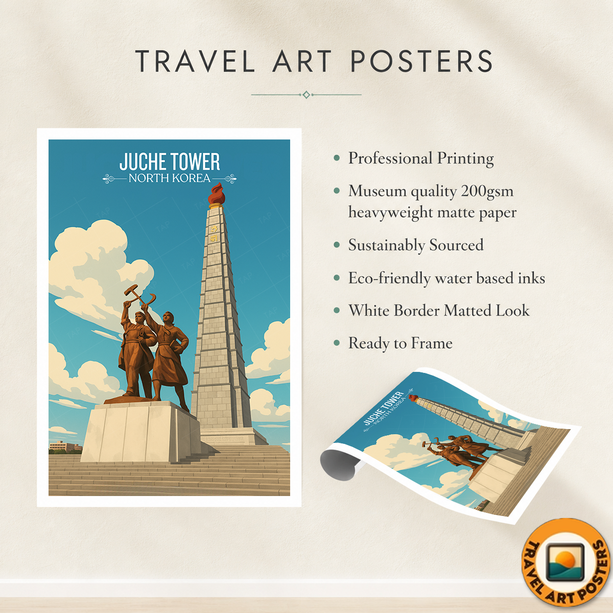 Juche Tower - North Korea - Travel Wall Art Deco Poster Print