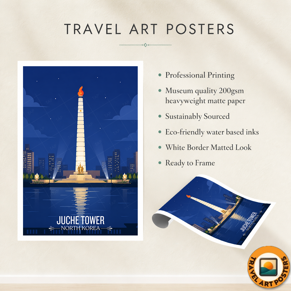 Juche Tower - North Korea - Travel Wall Art Deco Poster Print