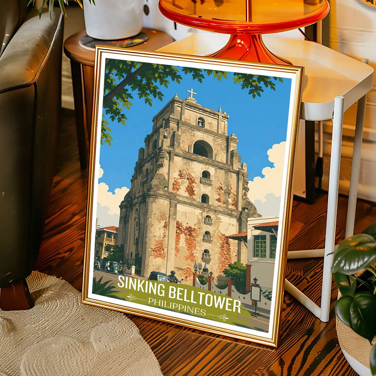 Sinking Belltower - Philippines - Travel Wall Art Deco Poster Print - Art Print - Travel Art Poster