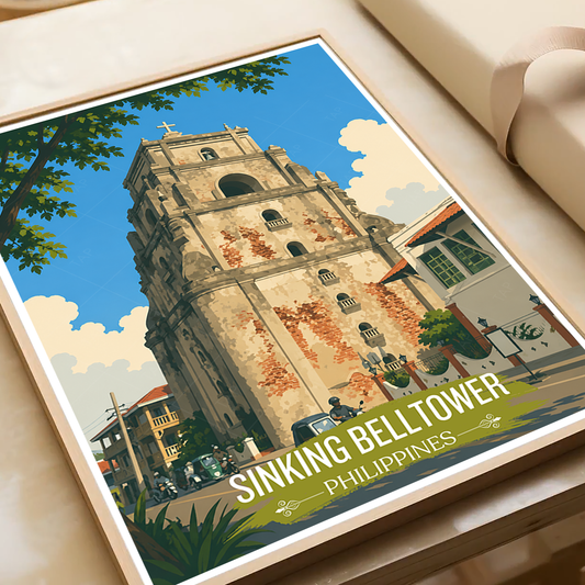 Sinking Belltower - Philippines - Travel Wall Art Deco Poster Print - Art Print - Travel Art Poster