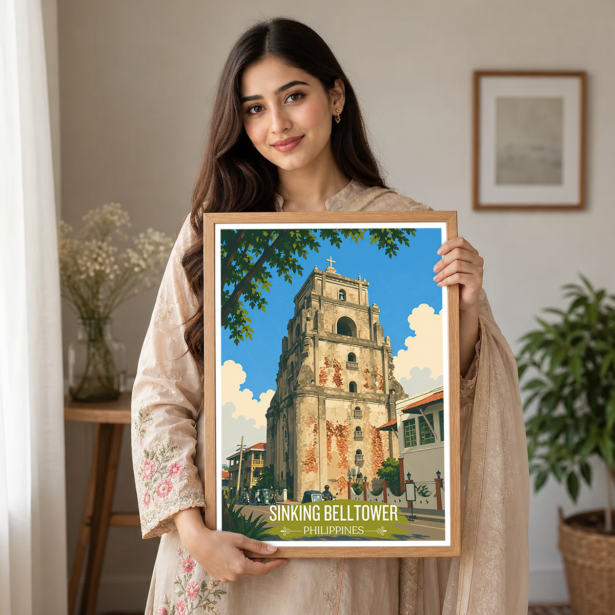 Sinking Belltower - Philippines - Travel Wall Art Deco Poster Print - Art Print - Travel Art Poster
