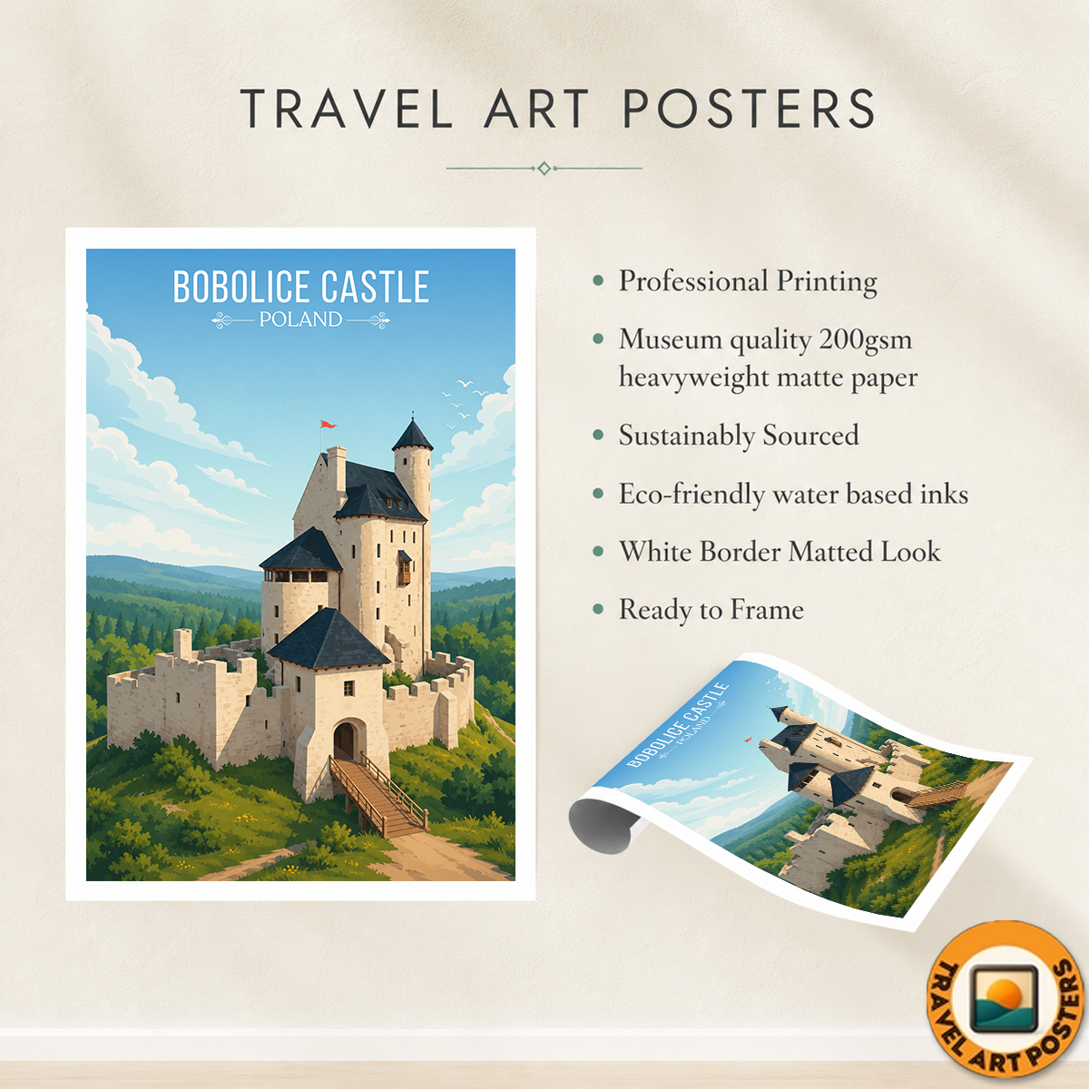 Bobolice Castle - Poland - Travel Poster Vintage Style Wall Art Print - Art Print - Travel Art Poster