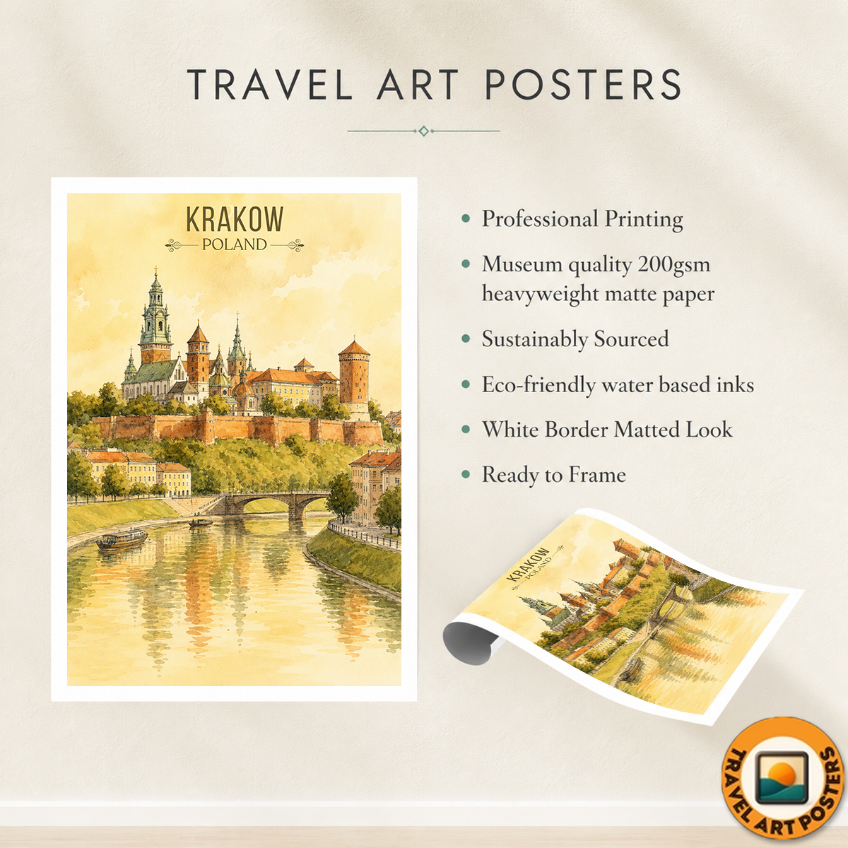 Krakow - Poland - Travel Poster Vintage Style Wall Art Print