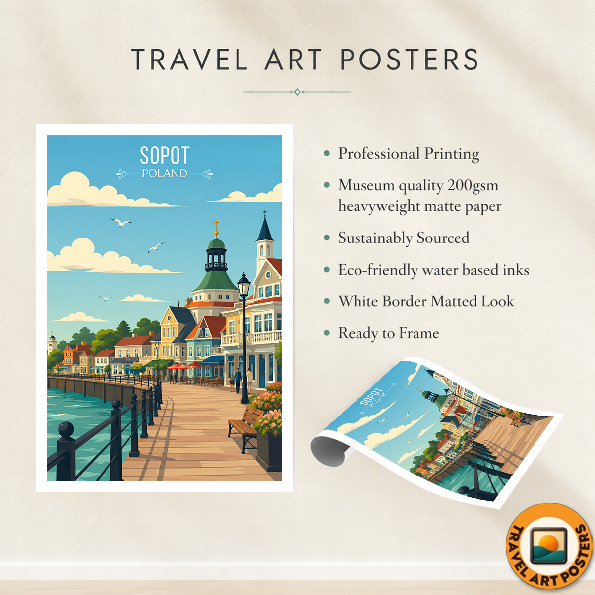 Sopot - Poland - Travel Poster Vintage Style Wall Art Print