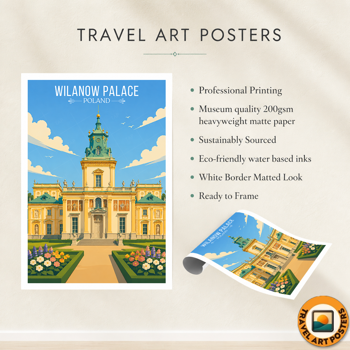 Wilanow Palace - Poland - Travel Poster Vintage Style Wall Art Print